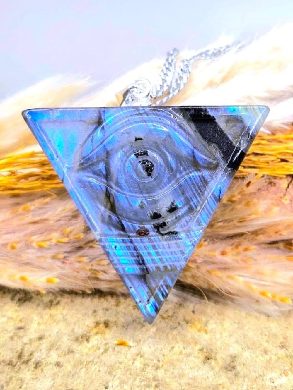 Labradorite Pyramid Pendant • Masonic All‑Seeing Eye • Flashy Crystal Necklace